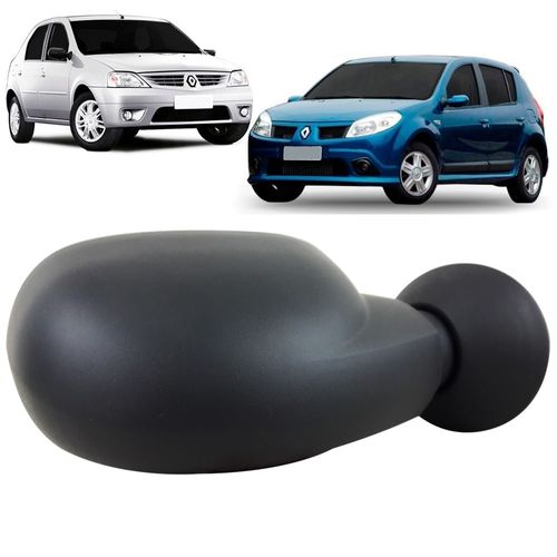 Espelho Retrovisor Externo Controle Manual Base Plástico Preto Liso Renault Logan e Sandero 2007 até 2009