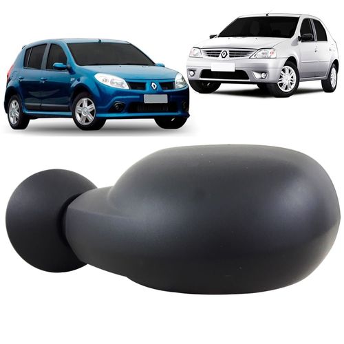 Espelho Retrovisor Externo Controle Elétrico Base Plástico Preto Liso Renault Logan e Sandero 2007 até 2009