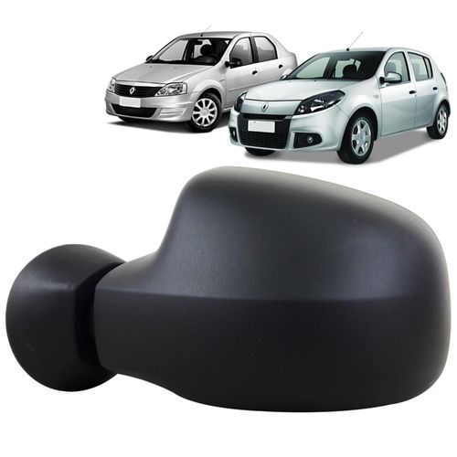 Espelho Retrovisor Externo Controle Manual Base Plástico Preto Liso Renault Logan e Sandero 2009 até 2013