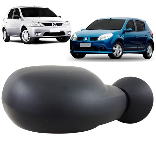 Espelho Retrovisor Externo Controle Elétrico Base Plástico Preto Liso Renault Logan e Sandero 2007 até 2009
