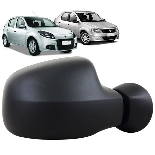 Espelho Retrovisor Externo Controle Manual Base Plástico Preto Liso Renault Logan e Sandero 2009 até 2013